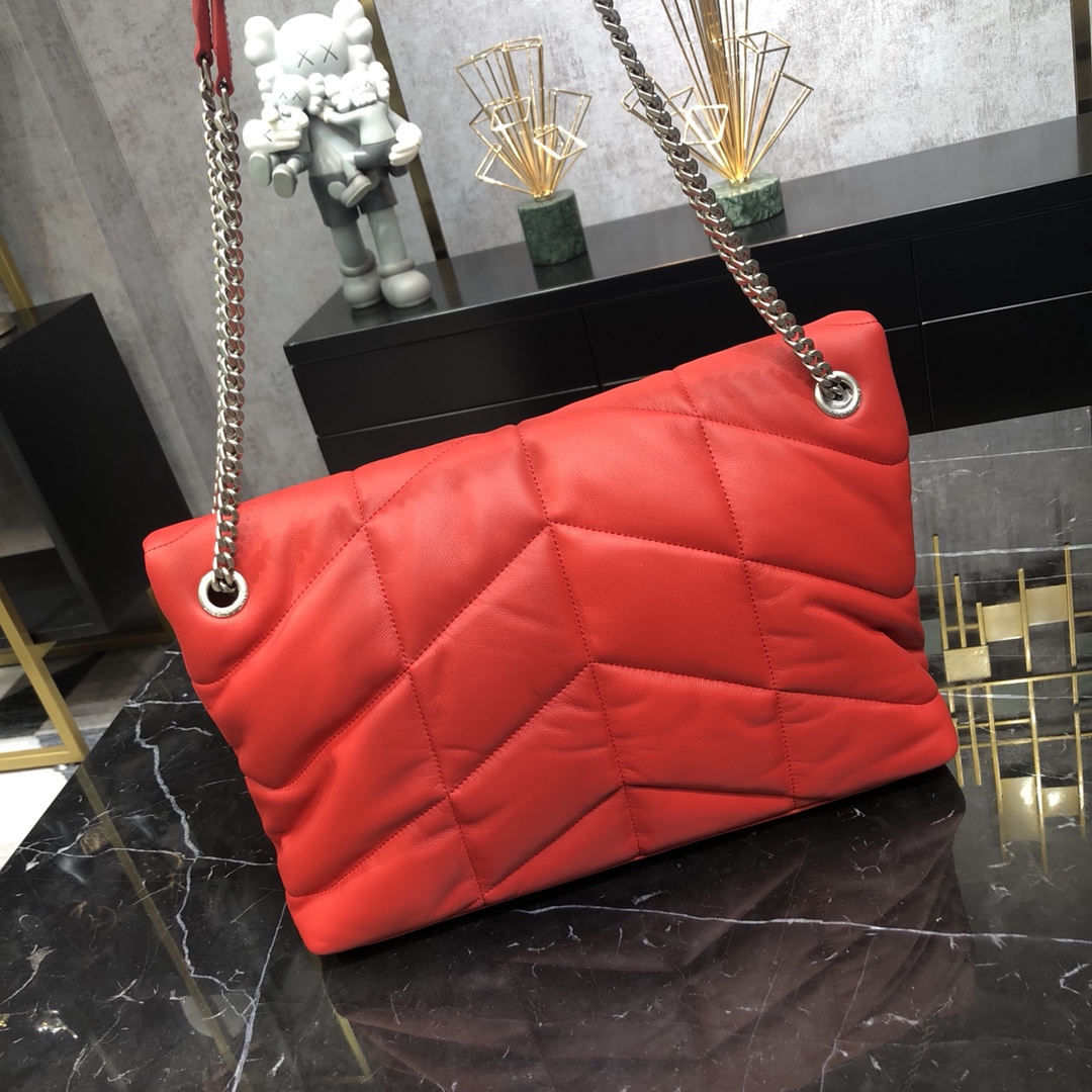 Saint Laurent Loulou Puffer Lambskin Shoulder Bag Handbag Red 577475 Silver